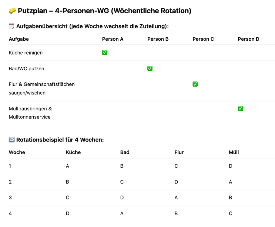 ChatGPT Putzplan für 4 Personen